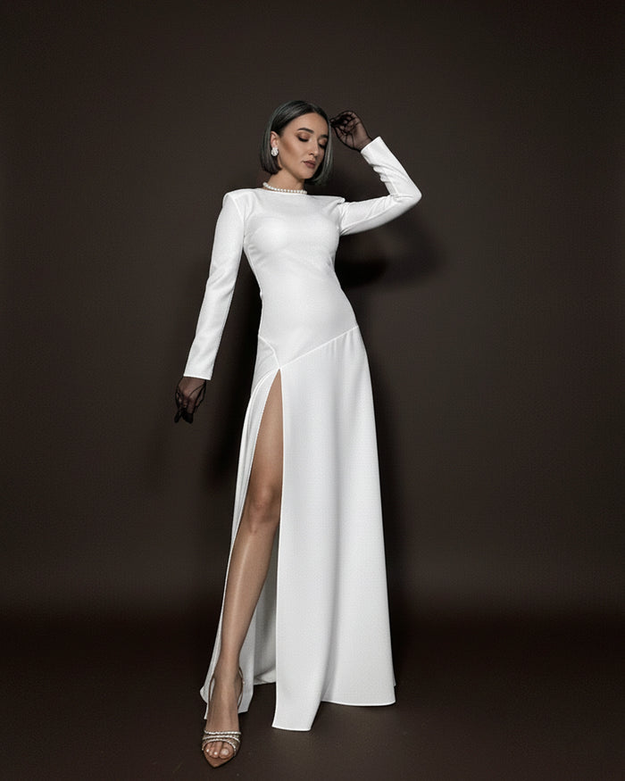 Burcu Aslan Dress LARA WHITE DEEP LEG SLIT DRESS