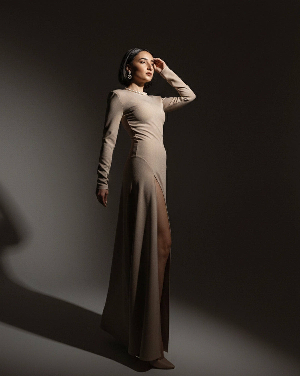 Burcu Aslan Dress SEBE SAND BEIGE DEEP LEG SLIT DRESS