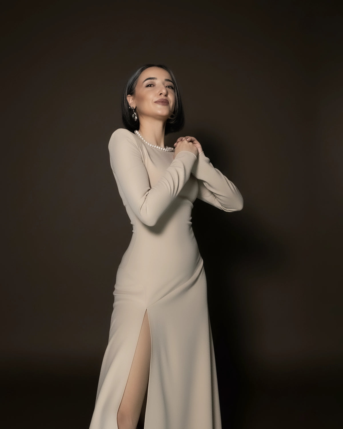 Burcu Aslan Dress SEBE SAND BEIGE DEEP LEG SLIT DRESS